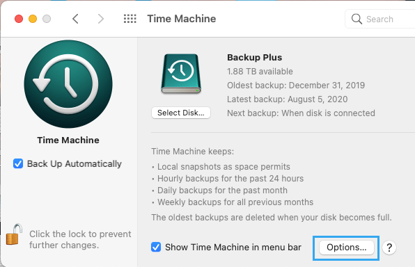 Параметры резервного копирования Time Machine на Mac