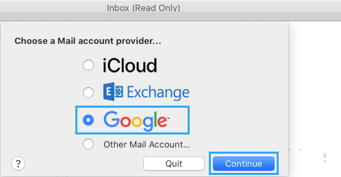 Выберите поставщика учетной записи электронной почты на Mac