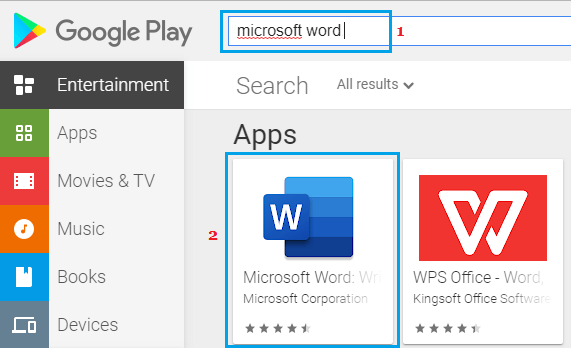 Найдите Microsoft Word в магазине Google Play