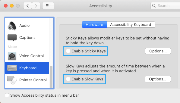 Отключите залипание и медленные клавиши, чтобы исправить отставание клавиатуры на Mac