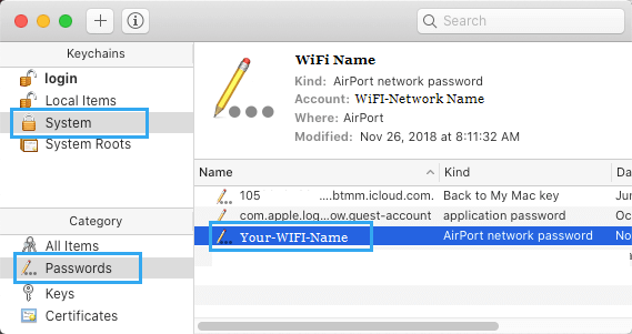 Имя сети Wi-Fi на экране системы связки ключей