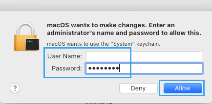 Введите пароль администратора, чтобы разрешить доступ к связке ключей на Mac
