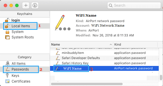 Имя сети Wi-Fi на экране локальных элементов связки ключей
