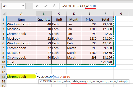 Введите Table_array в функцию ВПР.