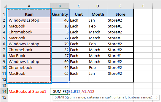 Выберите диапазон критериев1 в функции Excel СУММЕСЛИМН