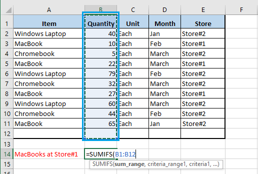 Выберите диапазон суммы в функции Excel СУММЕСЛИМН