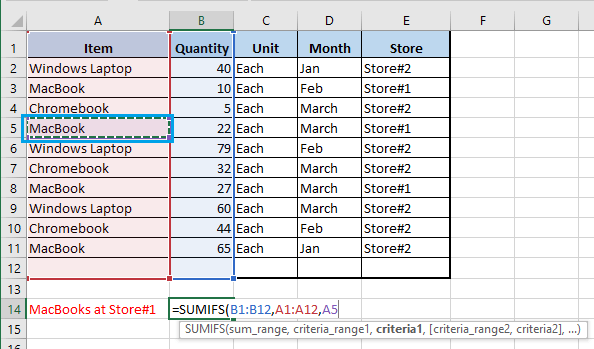Выберите первый критерий в Excel Функция СУММЕСЛИМН