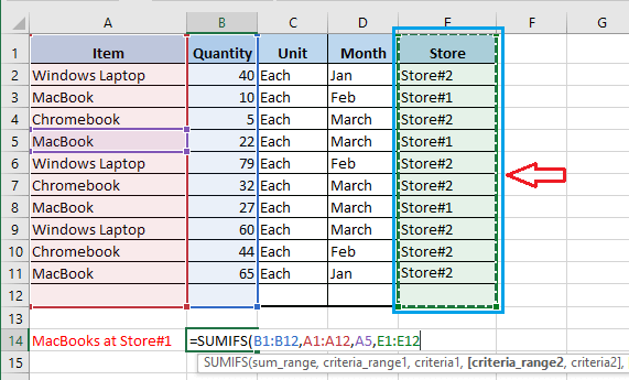 Выберите диапазон критериев 2 в функции Excel СУММЕСЛИМН 