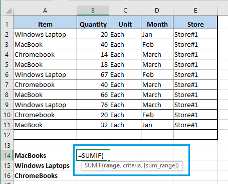 Синтаксис функции СУММЕСЛИ, предоставляемый Excel
