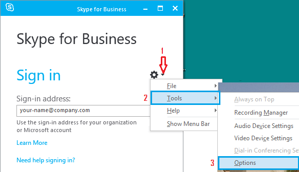 Вкладка «Инструменты и параметры» в приложении Skype для бизнеса в Windows 10