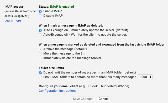 Включите IMAP для своей учетной записи Gmail