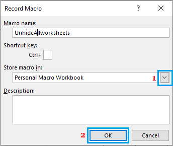 Диалоговое окно записи макроса в Excel