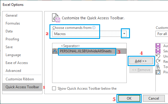 Добавить значок макроса UnhideAllSheets на панель быстрого доступа в Excel