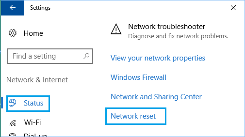 Параметр сброса настроек сети в Windows 10