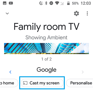 Опция трансляции моего экрана в приложении Google Home