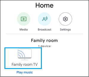 Выберите устройство Chromecast в приложении Google Home