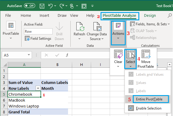 Выбрать опцию всей сводной таблицы в Excel