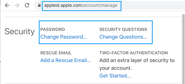 Вариант изменения пароля на веб-странице Apple ID