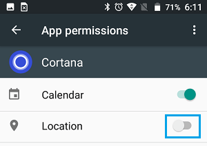 Отключить данные о местоположении для приложения Cortana на телефоне Android