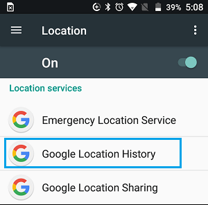 Вкладка Google Location History на экране настроек Android