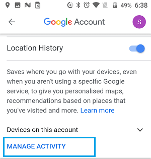 Опция управления геолокацией в аккаунте Google на Android