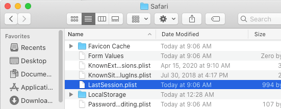 Удалить файл plist Safari LastSession
