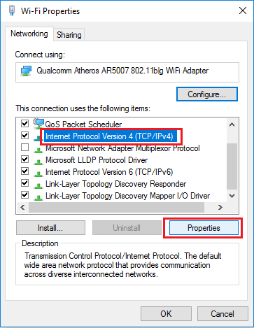 Параметр свойств интернет-протокола версии 4 (TCP / IPv4) в Windows 10