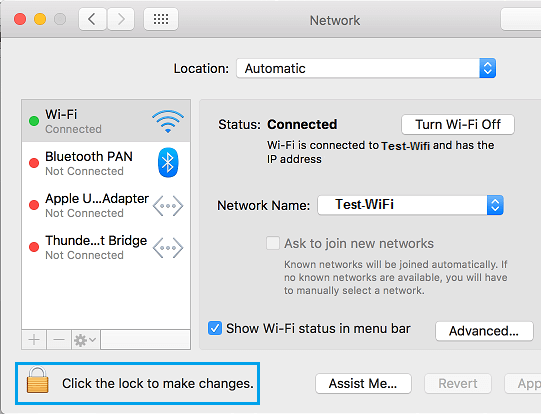 Значок замка на экране настроек сети на Mac