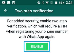 Включить двухэтапную аутентификацию в WhatsApp