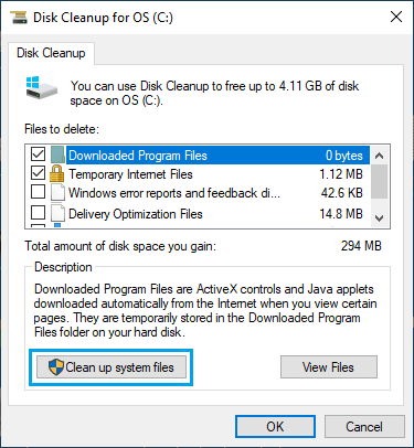 Параметр очистки системных файлов в Windows