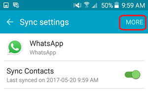 Экран настроек WhatsApp Sync на телефоне Android