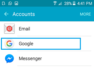 Вариант Google на экране учетных записей телефона Android