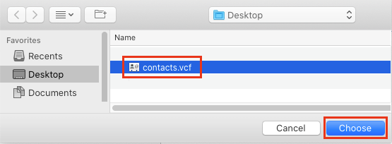 Выберите файл контактов для импорта в iCloud