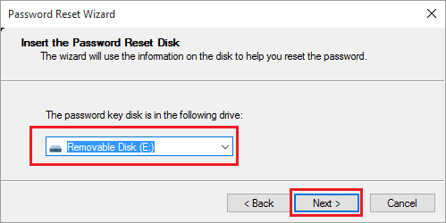 Выберите расположение диска для сброса пароля на компьютере с Windows 10