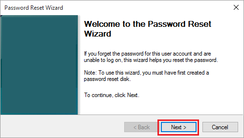 Экран приветствия мастера сброса пароля в Windows 10