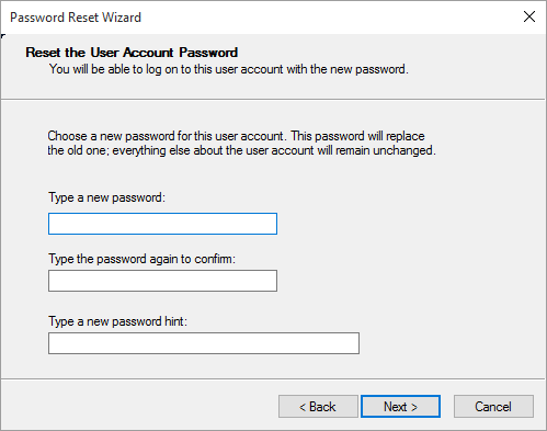 Введите новый пароль на экране мастера сброса пароля Windows 10 