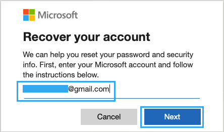 Введите адрес электронной почты для восстановления учетной записи Microsoft