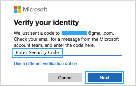 Введите код безопасности для подтверждения учетной записи Microsoft
