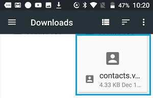 Файл VCF контактов Android на экране загрузок