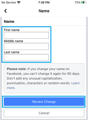 Введите новое имя в Facebook