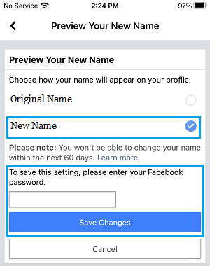 Сохранить новое имя в Facebook