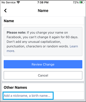 Добавить ник в Facebook