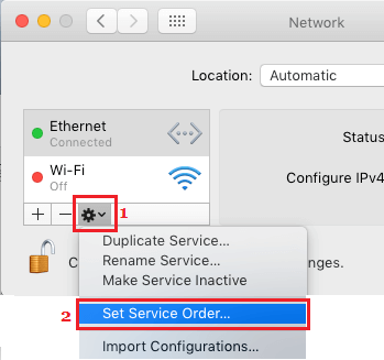 Вкладка Set Service Order на экране настроек сети Mac