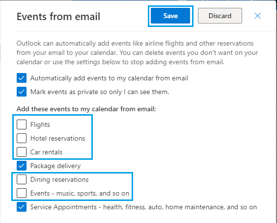 Разрешить Outlook добавлять выбранные события в календарь