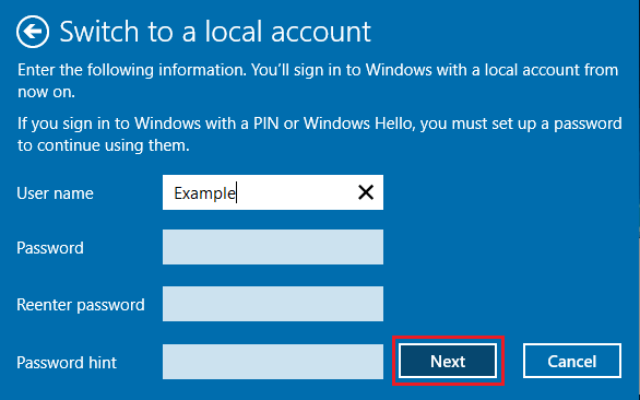 Установить пароль в Windows Переключиться на экран локальной учетной записи