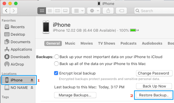 Восстановить iPhone из резервной копии на Mac