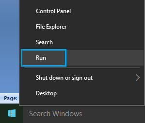 Откройте команду «Выполнить» в Windows 10.