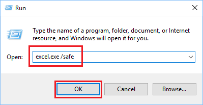 Запустите команду excel.exe / safe в Windows 10