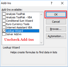 Отключить надстройки Excel на компьютере с Windows 10