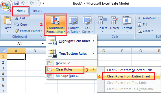 Очистить условное форматирование из таблицы Microsoft Excel